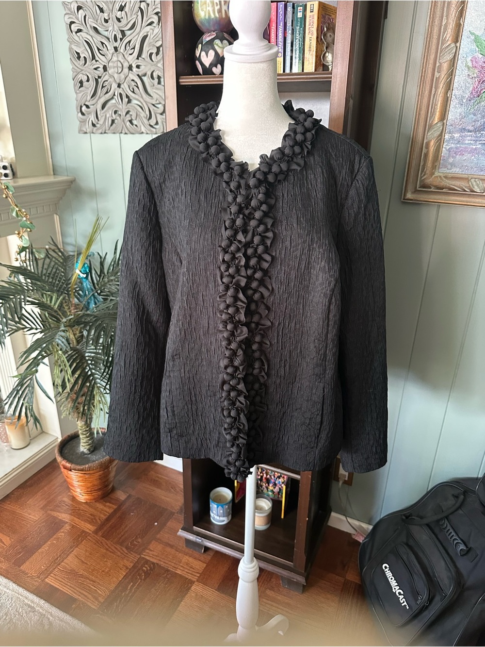 Chico's Black Textured Jacket with Ruffle Trim Sz 2 or L